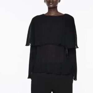 Zara Black Pleated Cape Overlay‎ Long Sleeve Blouse Top